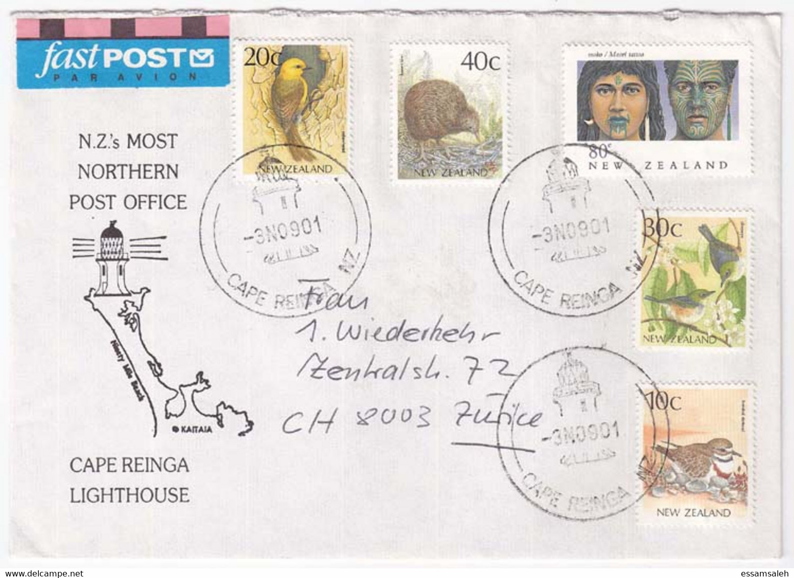 NZS14505 New Zealand Illust Cover N.Z.'s Most Northern Post Office - Cape Reinga Lighthouse - Mixed Franking - Address - Lettres & Documents