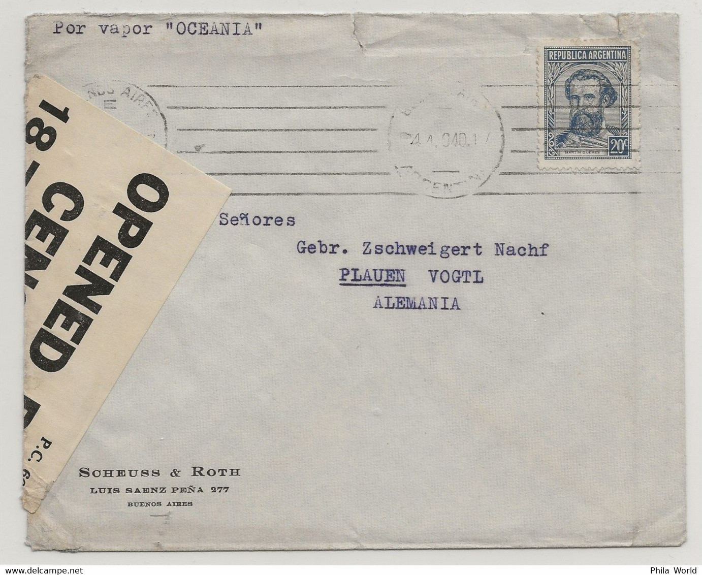 WW2 1940 ARGENTINA Por Vapor OCEANIA Maritime Mail Cover British Censorship 1878 And German Censored To GERMANY - Guerre Mondiale (Seconde)