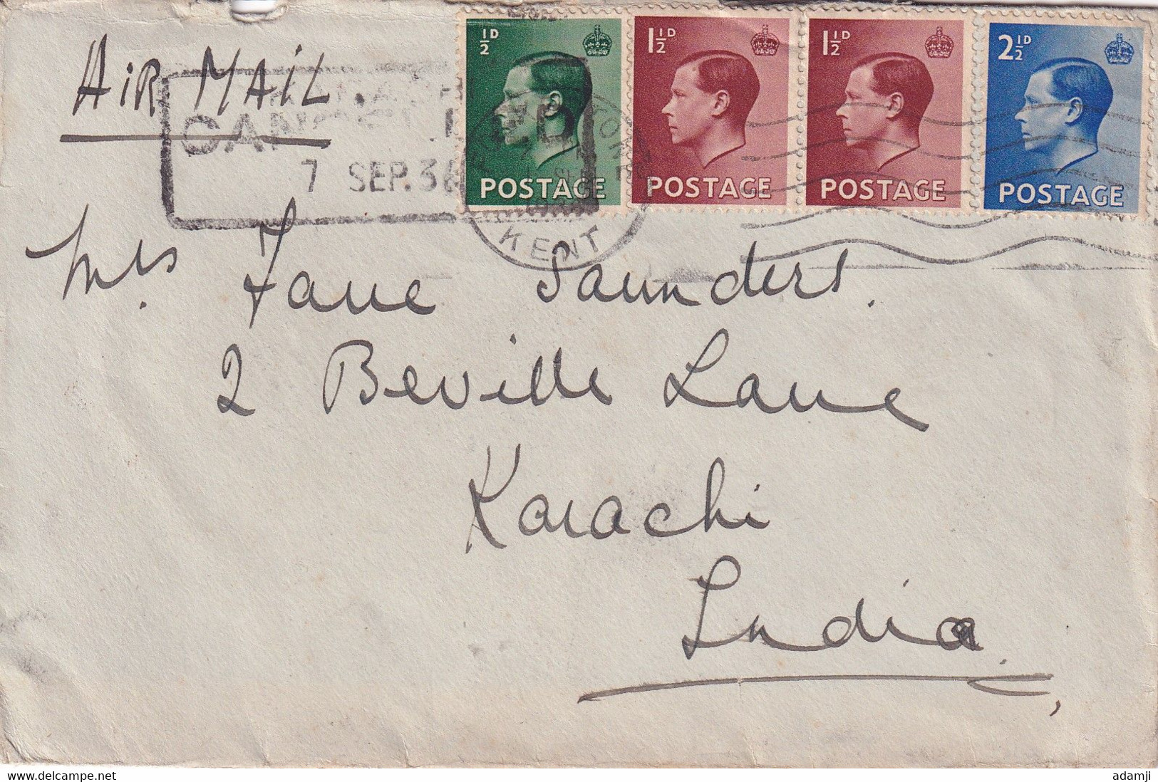 GB 1936 EDWARD VIII COVER TO KARACHI (PAKISTAN) INDIA. - Storia Postale