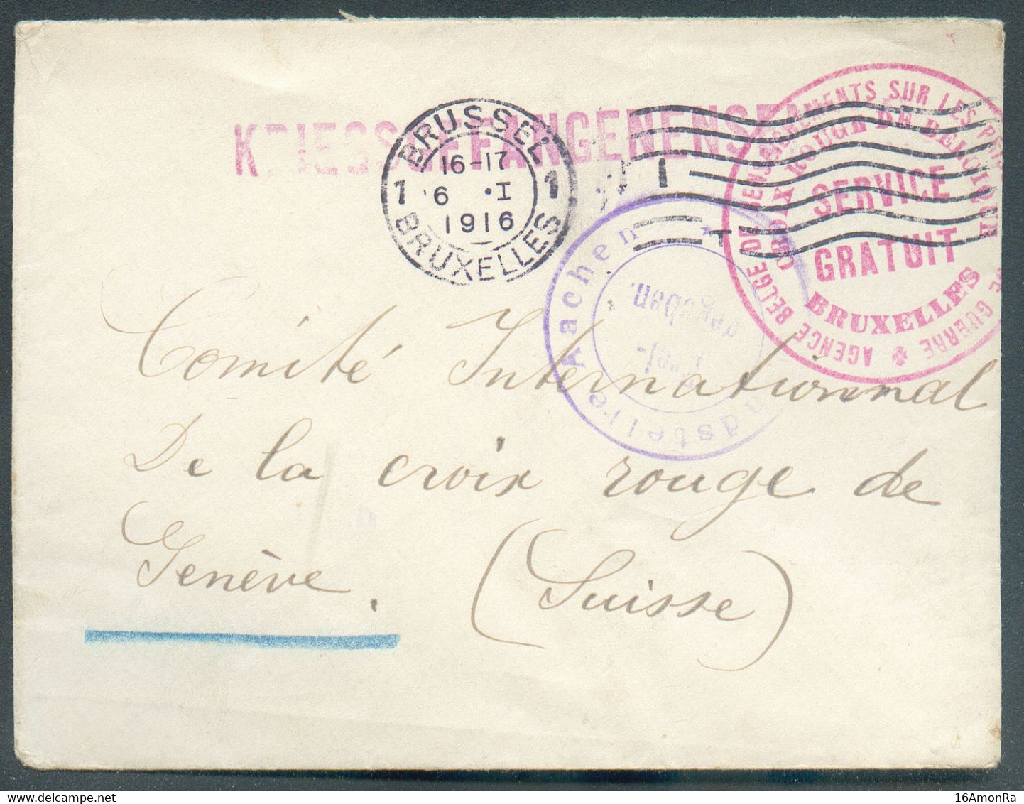 Enveloppe En Franchise Griffe Rouge KRIEGSGEFANGENENSENDUNG  Obl.  BRUXELLES 6-I-1916 Vers Le Comité International De La - Other & Unclassified
