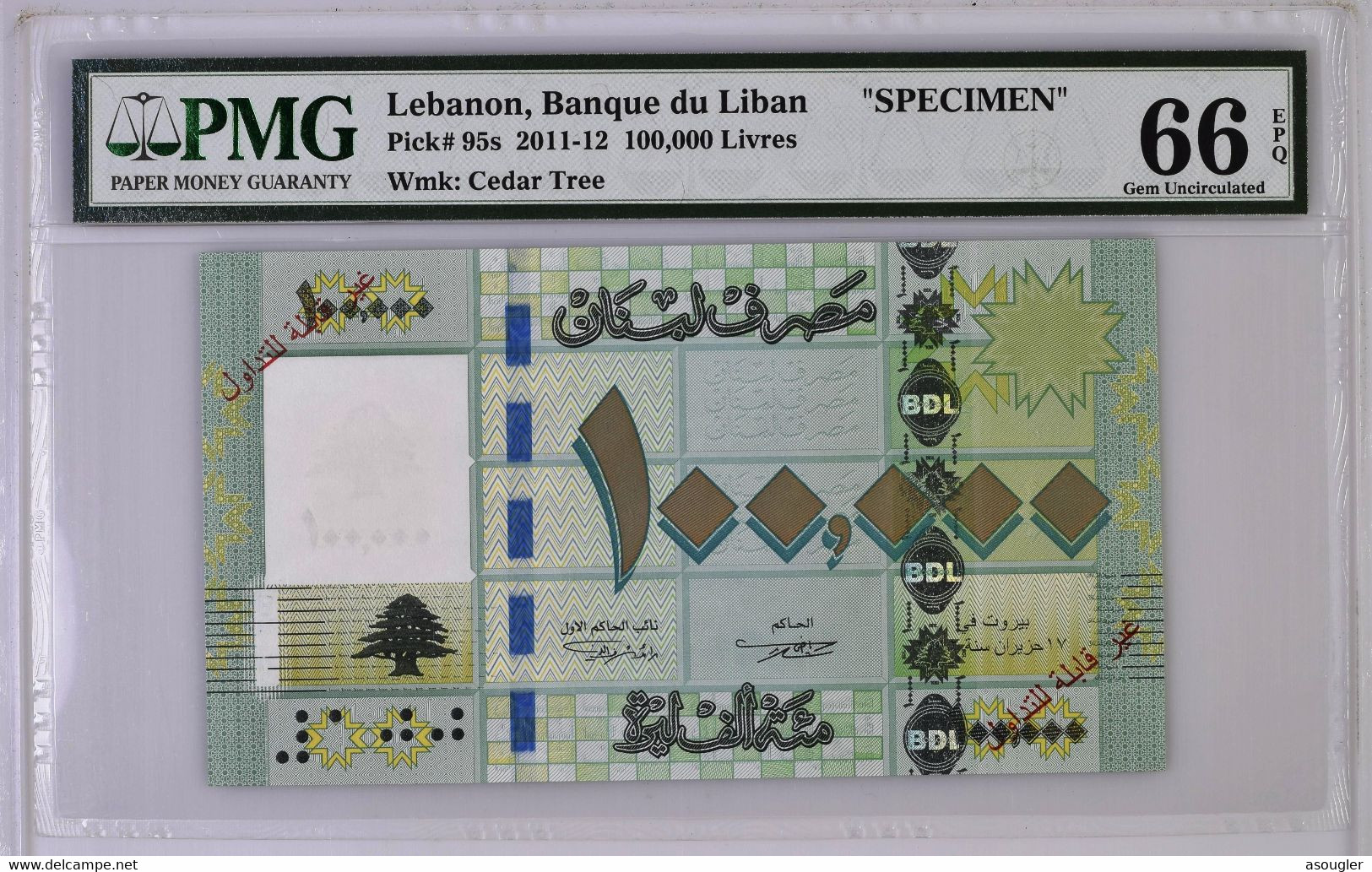 LEBANON 100000 LIVRES 2012 SPECIMEN PMG 66 EPQ P-95bs "free Shipping Via Registerd Air Mail" - Lebanon