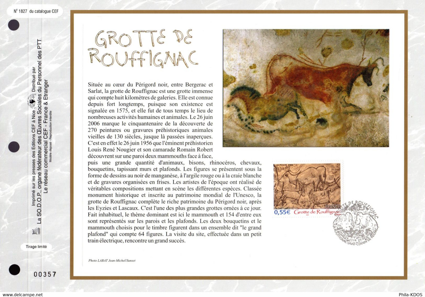 &#9989; " GROTTE DE ROUFFIGNAC " Sur Feuillet CEF 1er Jour N°té De 2006. N° YT 3905. Parfait état. FDC A SAISIR ! - Préhistoire