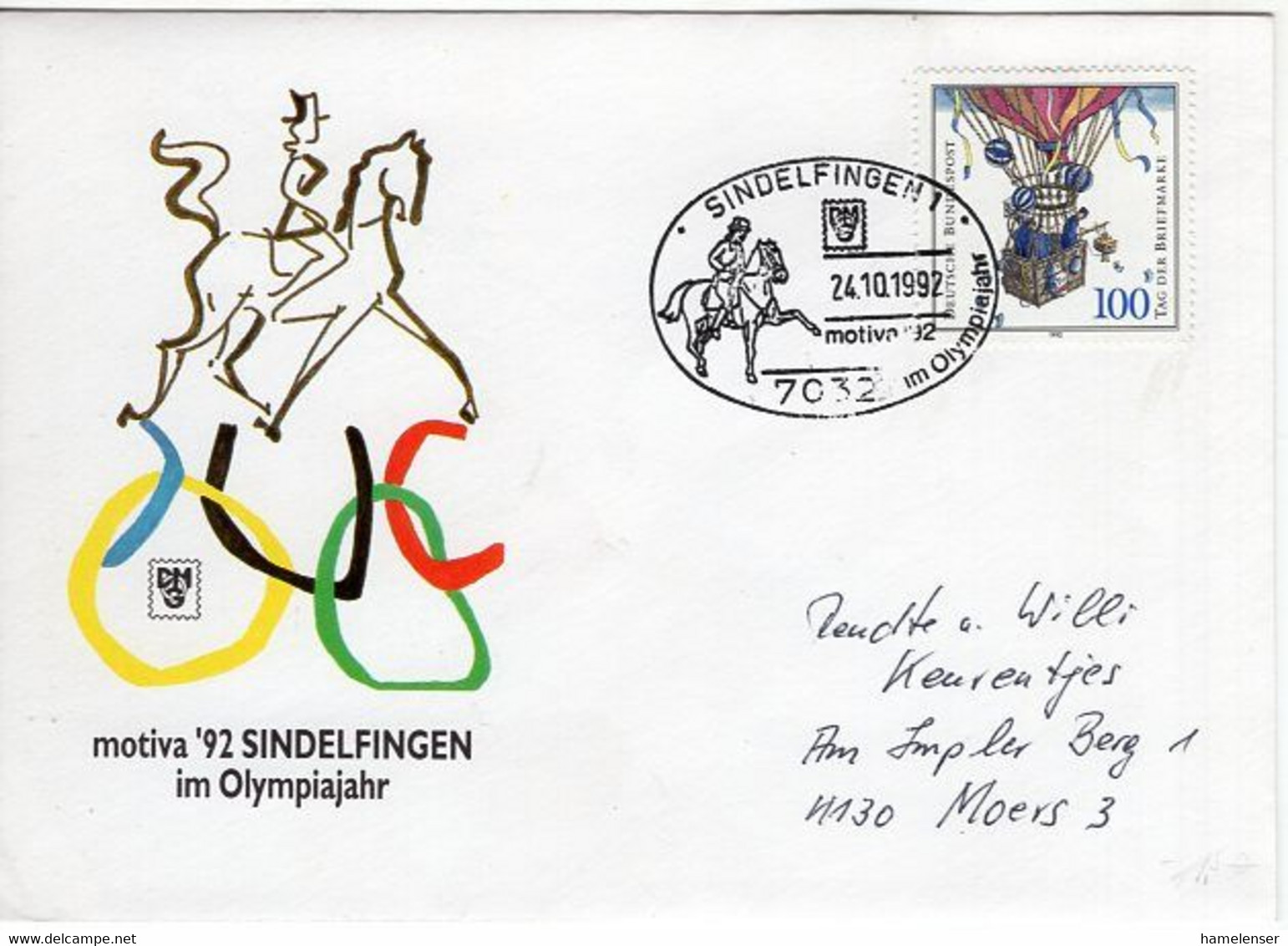 53729 - Bund - 1992 - 100Pfg Tag Der Briefmarke EF A Bf SoStpl SINDELFINGEN - MOTIVA '92 IM OLYMPIAJAHR -> Moers - Other & Unclassified