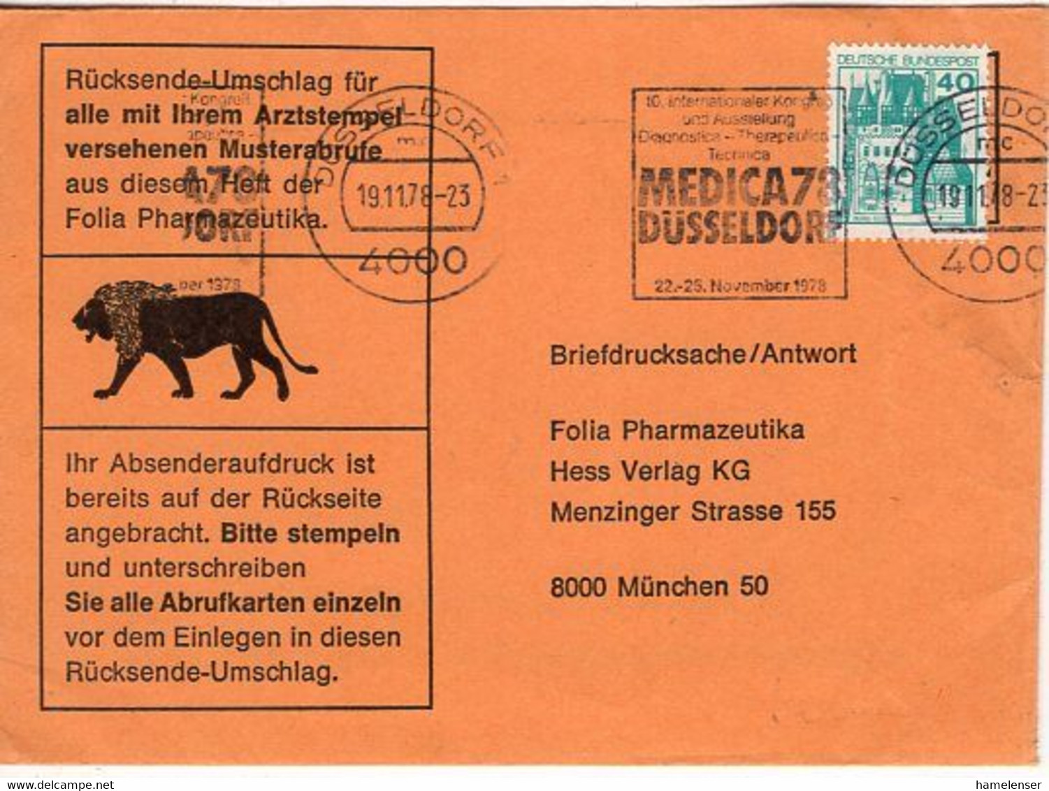 53733 - Bund - 1978 - 40Pfg B&S EF A BriefdrucksBf DUESSELDORF - ... MEDICA 78 ... -> Muenchen - Geneeskunde