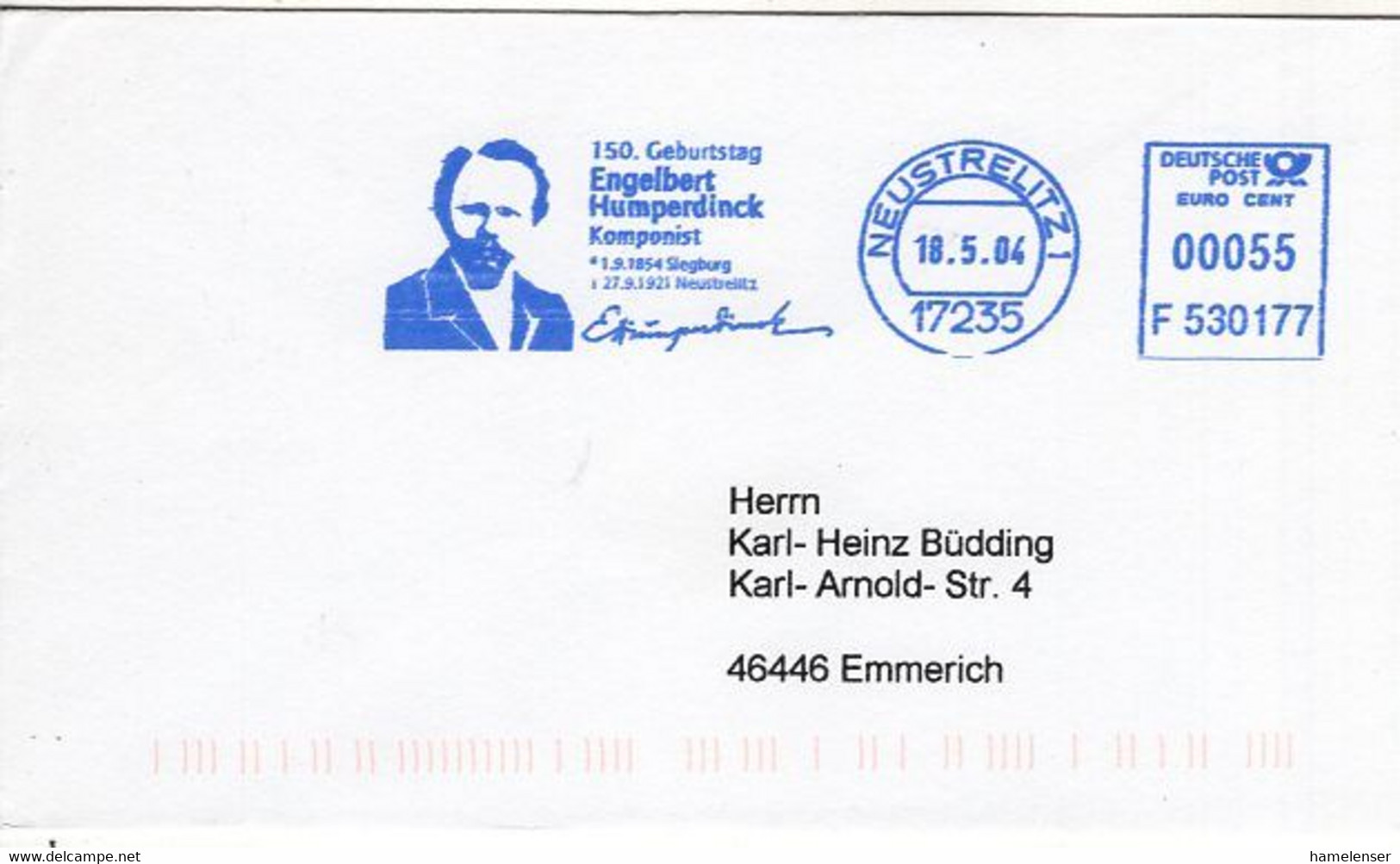 53737 - Bund - 2004 - 55c AbsFreistpl A Bf NEUSTRELITZ - ... HUMPERDINCK ... -> Emmerich - Musica