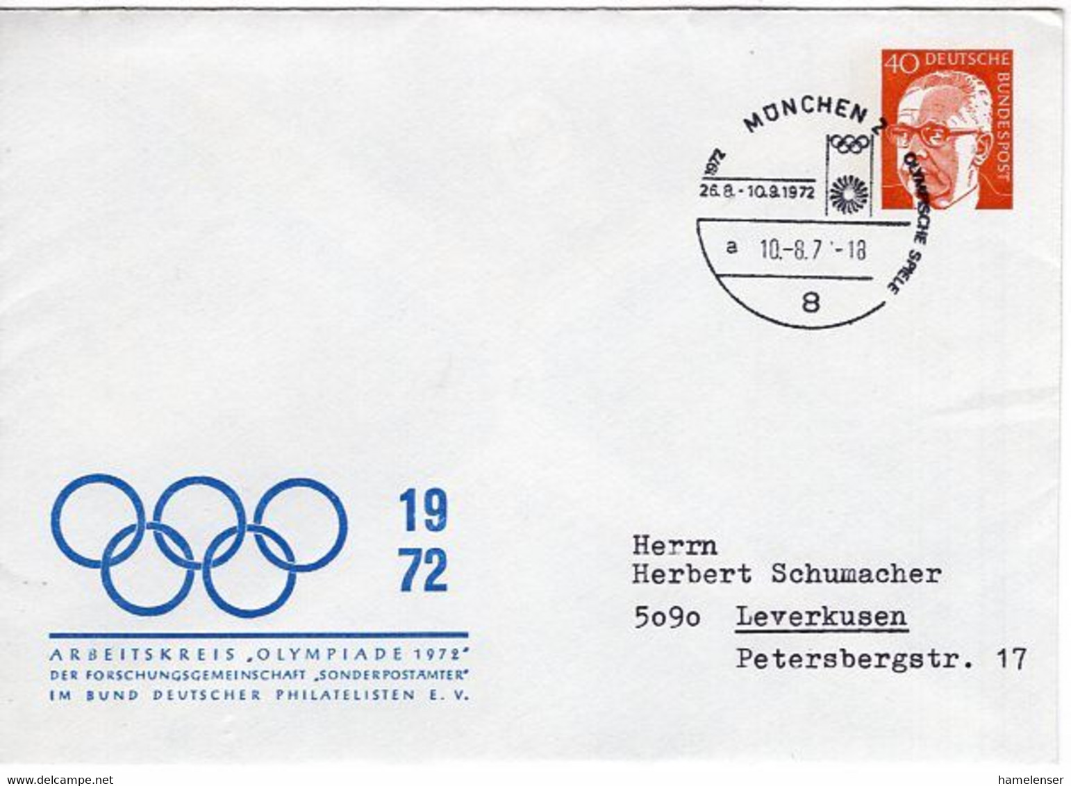 53744 - Bund - 1972 - 40Pfg Heinemann PGAUmschl "Olympiade 1972" SoStpl MUENCHEN - OLYMPISCHE SPIELE -> Leverkusen - Summer 1972: Munich