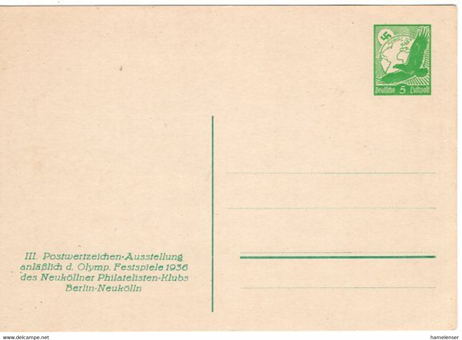 53759 - Deutsches Reich - 1936 - 5Pfg Luftpost PGAKte "III. Postwertzeichen-Ausstellung ... Olymp. Festspiele ..." - Sommer 1936: Berlin