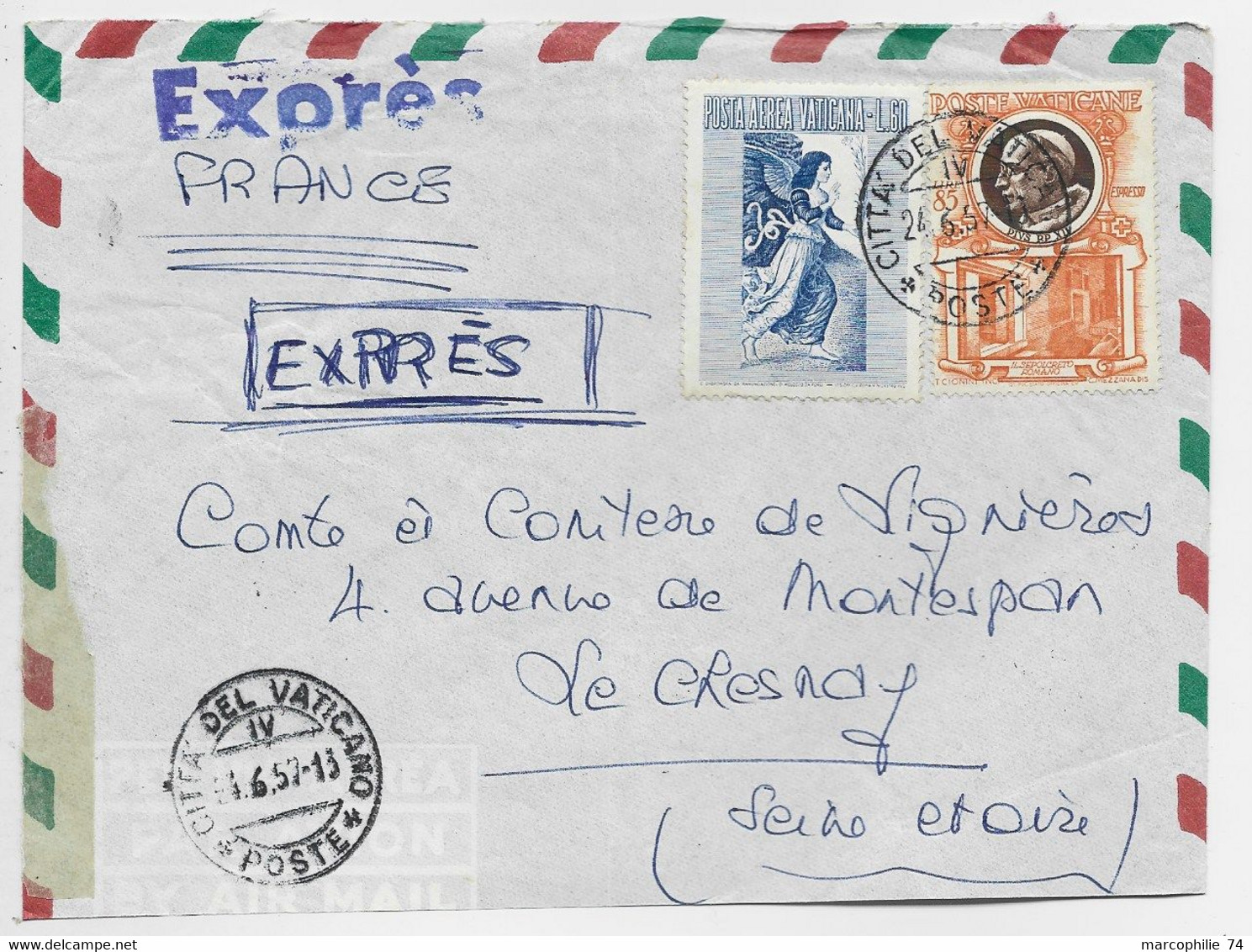 VATICANO 85L ESPRESSO + PA 60L LETTERA EXPRES AVION CITTA DEL VATICANO 24.6.1957 TO FRANCE - Brieven En Documenten