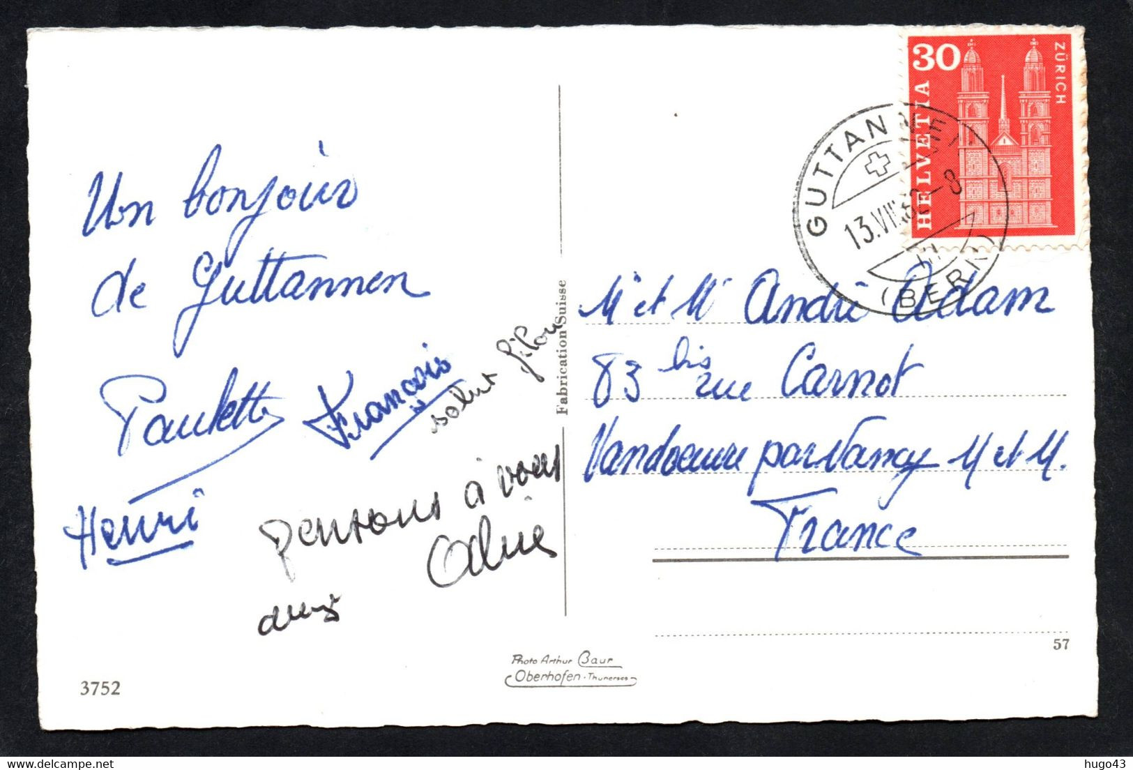 (RECTO / VERSO) GUTTANNEN EN 1962 - N° 3752 - KIRCHE - BEAU TIMBRE ET CACHET - FORMAT CPA - Guttannen