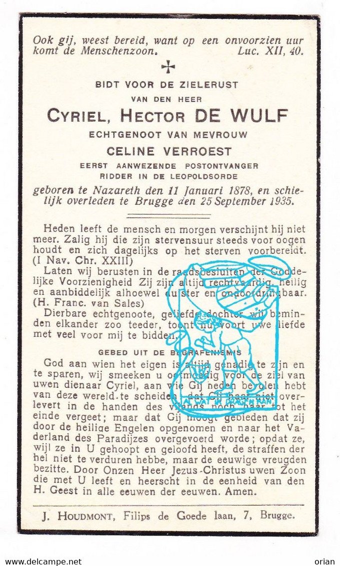 DP Hoofdverantw. Postontvanger - Cyriel Hector De Wulf ° Nazareth 1878 † Brugge 1935 X Celine Verroest - Images Religieuses