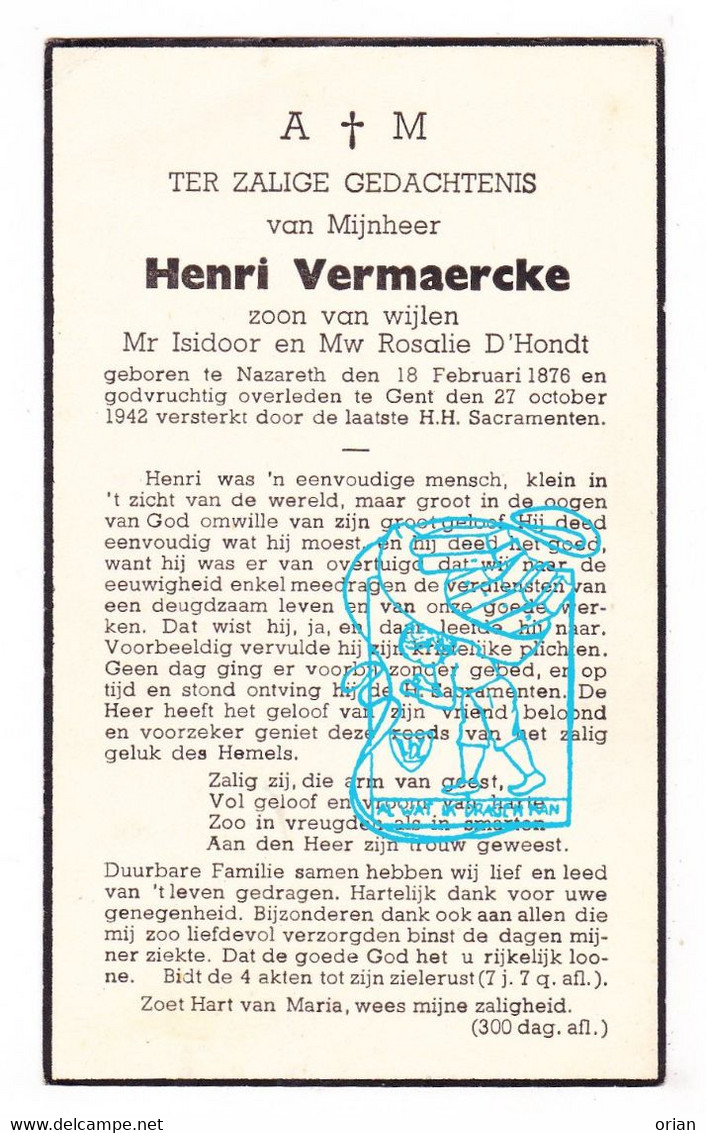 DP Henri Vermaercke / D'Hondt ° Nazareth 1876 † Gent 1942 - Devotion Images