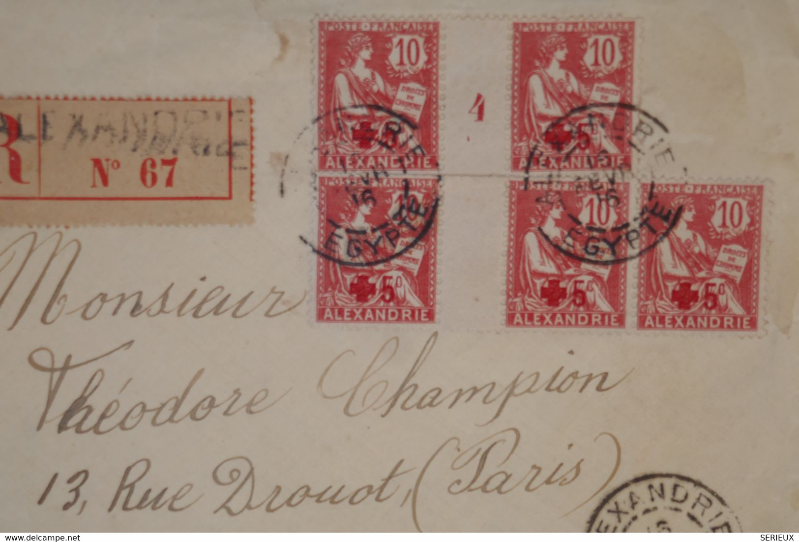 BA7 ALEXANDRIE  BELLE LETTRE  RECOM.  RARE 1916  A PARIS ++ BLOC MILLESIME MOUCHON CROIX ROUGE ++ AFFRANCH.INTERESSANT - Storia Postale