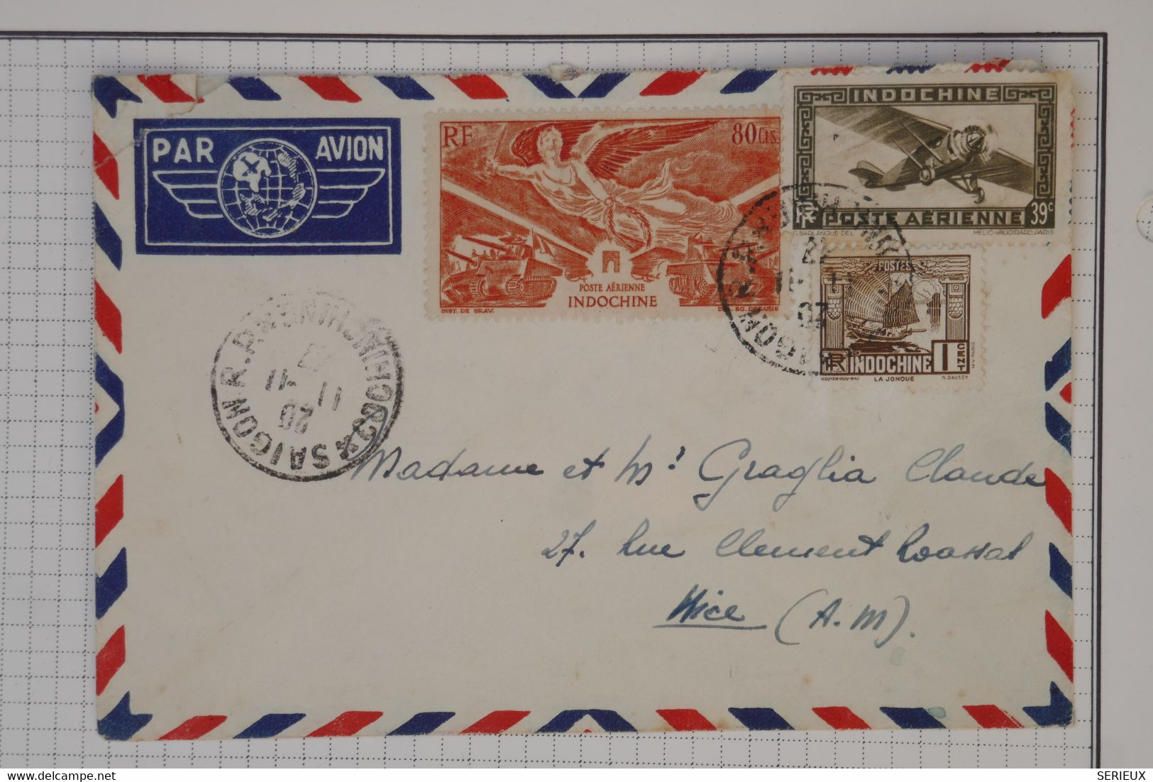 BA7  INDOCHINE   BELLE LETTRE  1907  PAR AVION  TONKIN A NICE FRANCE  + AFFRANCH. PLAISANT - Luftpost