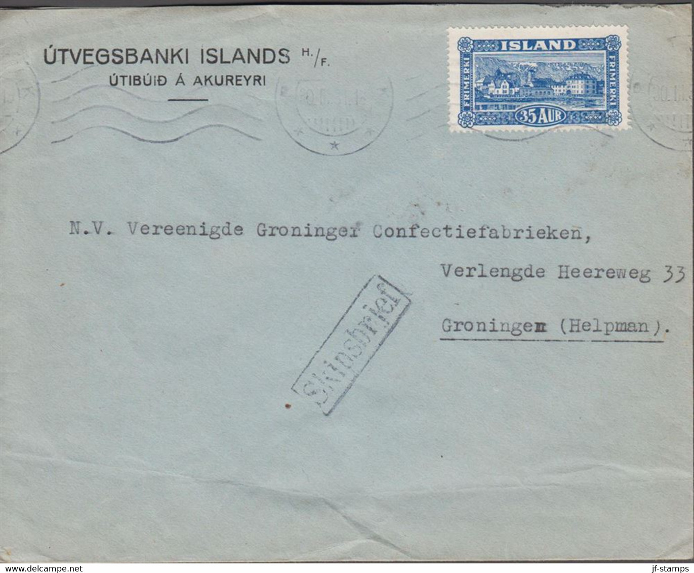 1931. ISLAND. 35 Aur REYKJAVIK. View On Ship Mail Cover To GRONINGEN Holland Cancelled  REYKJAVIK 30 III 3... - JF523474 - Storia Postale