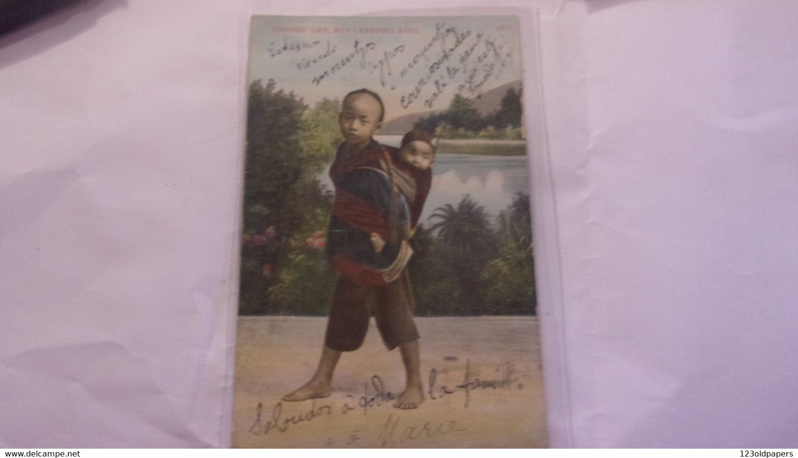 HONG KONG. Georg V FOUR CENTS. On Post Card With Motive CHINESE LIFE, BOY CARRYING BABY 1913 - Cina (Hong Kong)