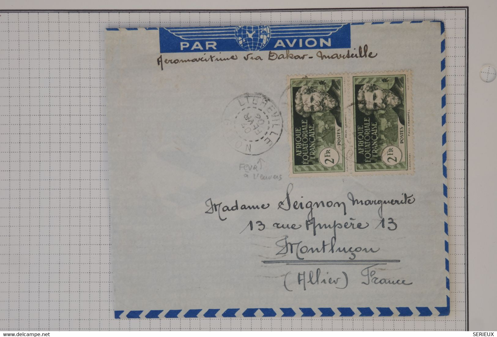 BA7  AEF  GABON   BELLE LETTRE   1940  LIBREVILLE POUR MONTLUçON FRANCE  +PAIRE DE 2F  +++ + - Briefe U. Dokumente