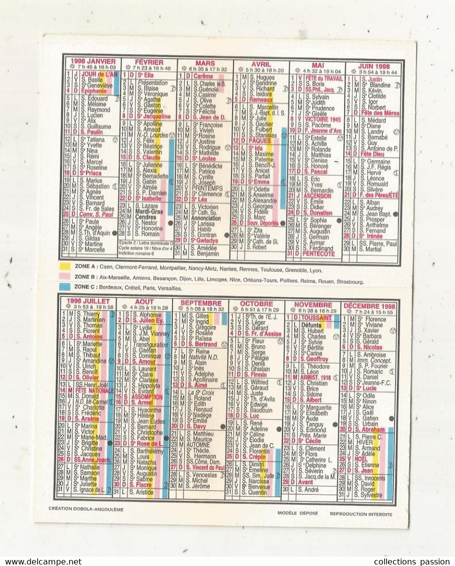 CALENDRIER, Petit Format, 1998 , Pharmacie De L'UNIVERSITE, 49 , ANGERS, Oiseaux - Petit Format : 1991-00