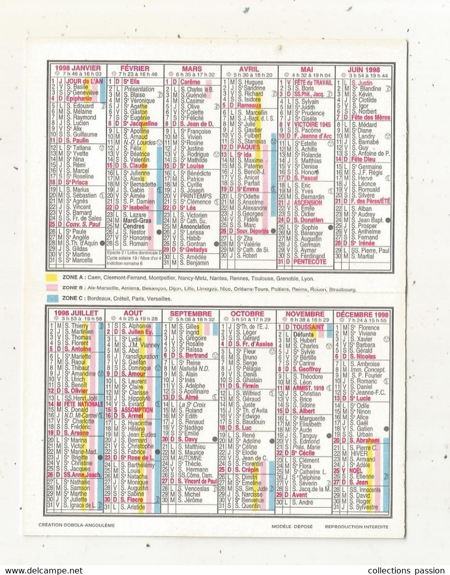 CALENDRIER, Petit Format, 1998 , Pharmacie De L'UNIVERSITE, 49 , ANGERS, Oiseaux - Petit Format : 1991-00