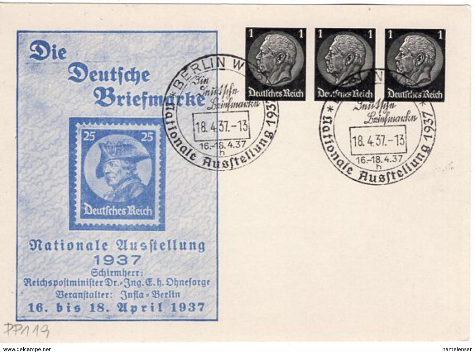 53855 - Deutsches Reich - 1937 - 3@1Pfg Hindenburg PGAKte SoStpl BERLIN - NATIONALE AUSSTELLUNG ... - Filatelistische Tentoonstellingen