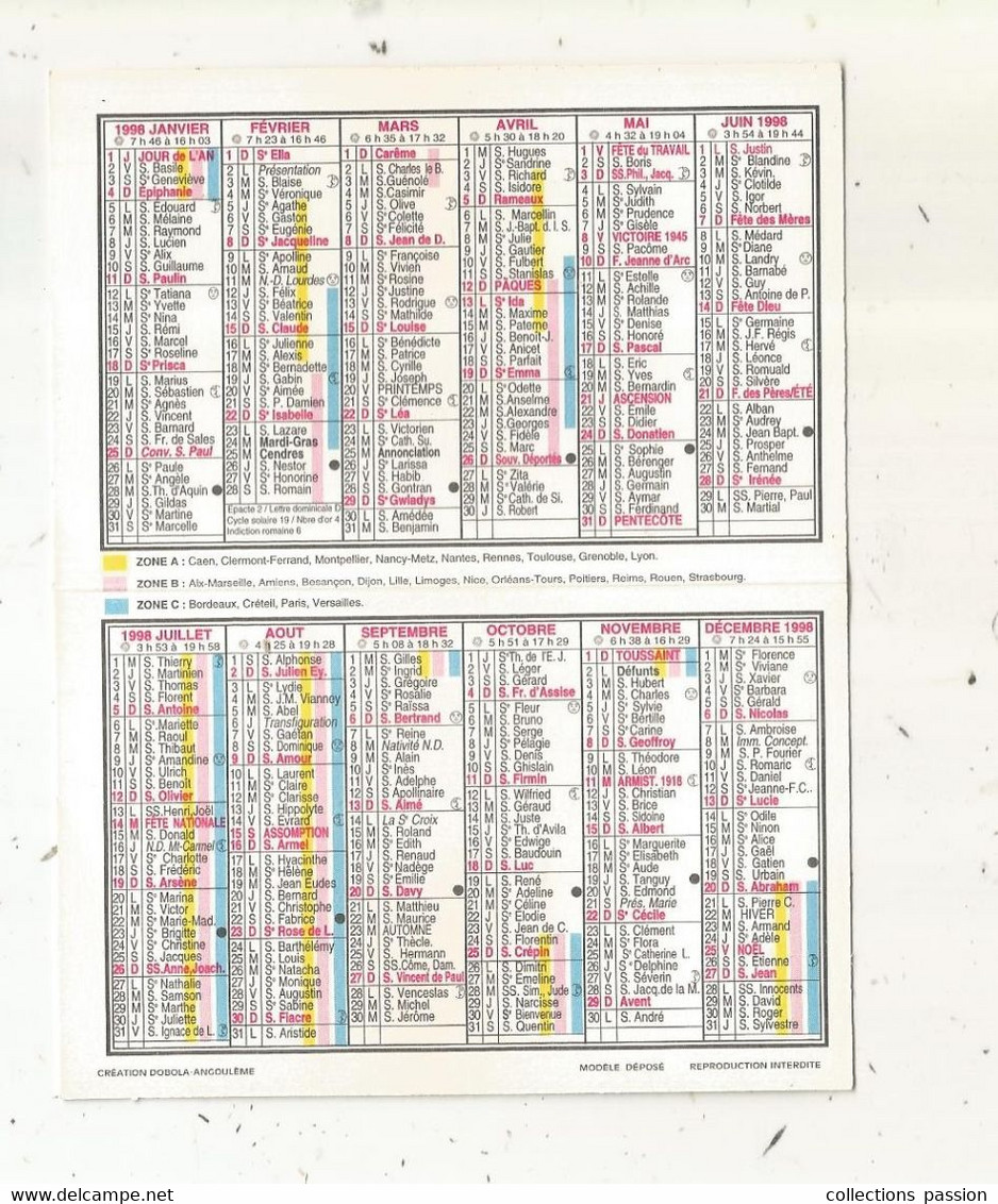 CALENDRIER, Petit Format, 1998 , Pharmacie De L'UNIVERSITE, 49 , ANGERS, Oiseaux - Petit Format : 1991-00