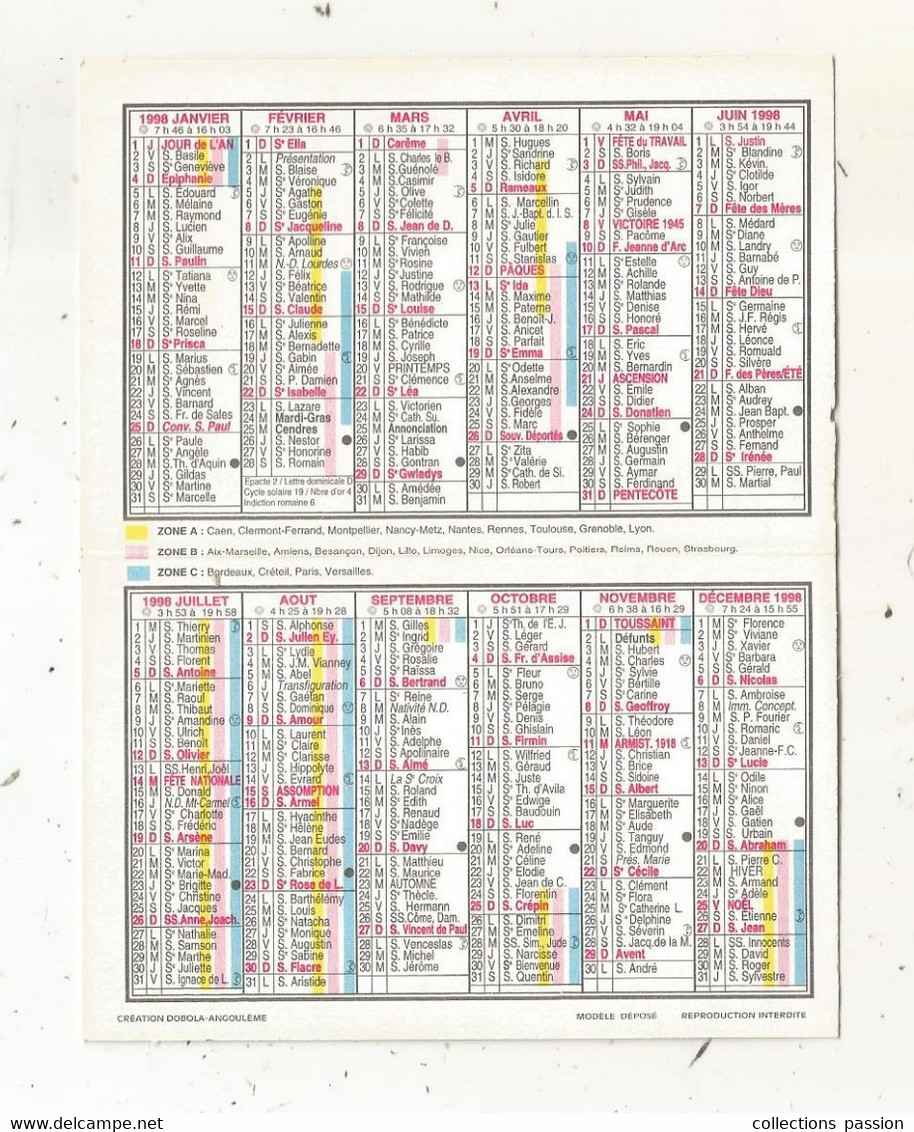 CALENDRIER, Petit Format, 1998 , Pharmacie De L'UNIVERSITE, 49 , ANGERS, Oiseaux - Petit Format : 1991-00