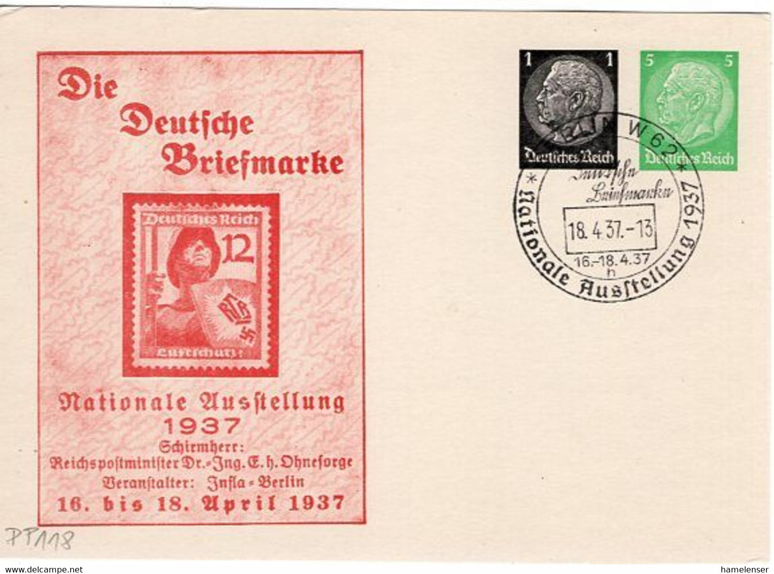 53858 - Deutsches Reich - 1937 - 1Pfg&5Pfg Hindenburg PGAKte SoStpl BERLIN - NATIONALE AUSSTELLUNG ... - Briefmarkenausstellungen