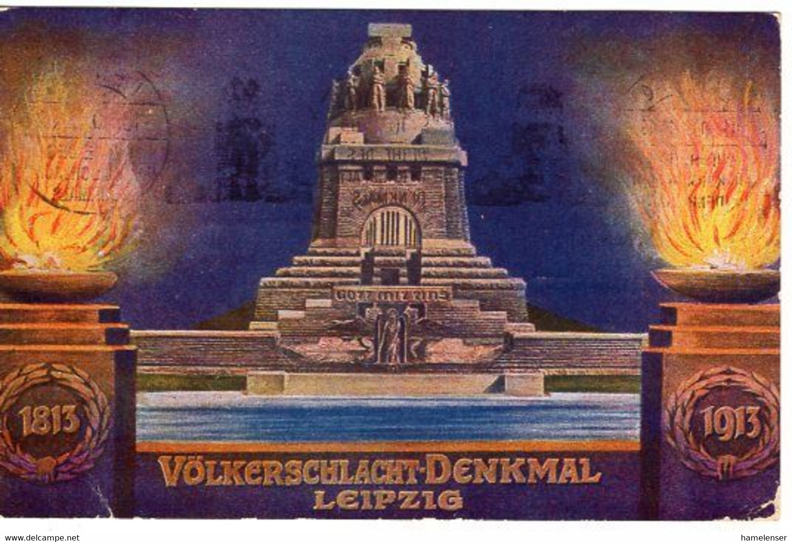 53871 - Deutsches Reich - 1913 - 5Pfg Germania PGAAnsKte "Voelkerlschlachtdenkmal" LEIPZIG- WEIHE ... -> Rudolstadt - Storia Postale