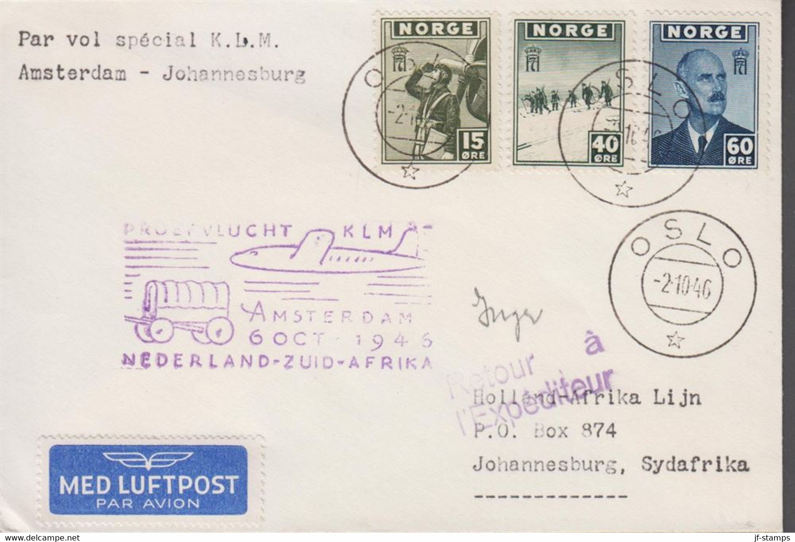 1946. NORGE. 15 + 40 + 60 ØRE London-issue On Cover Par Vol Special KLM Amsterdam - Johannes... (Michel 283+) - JF523497 - Lettres & Documents