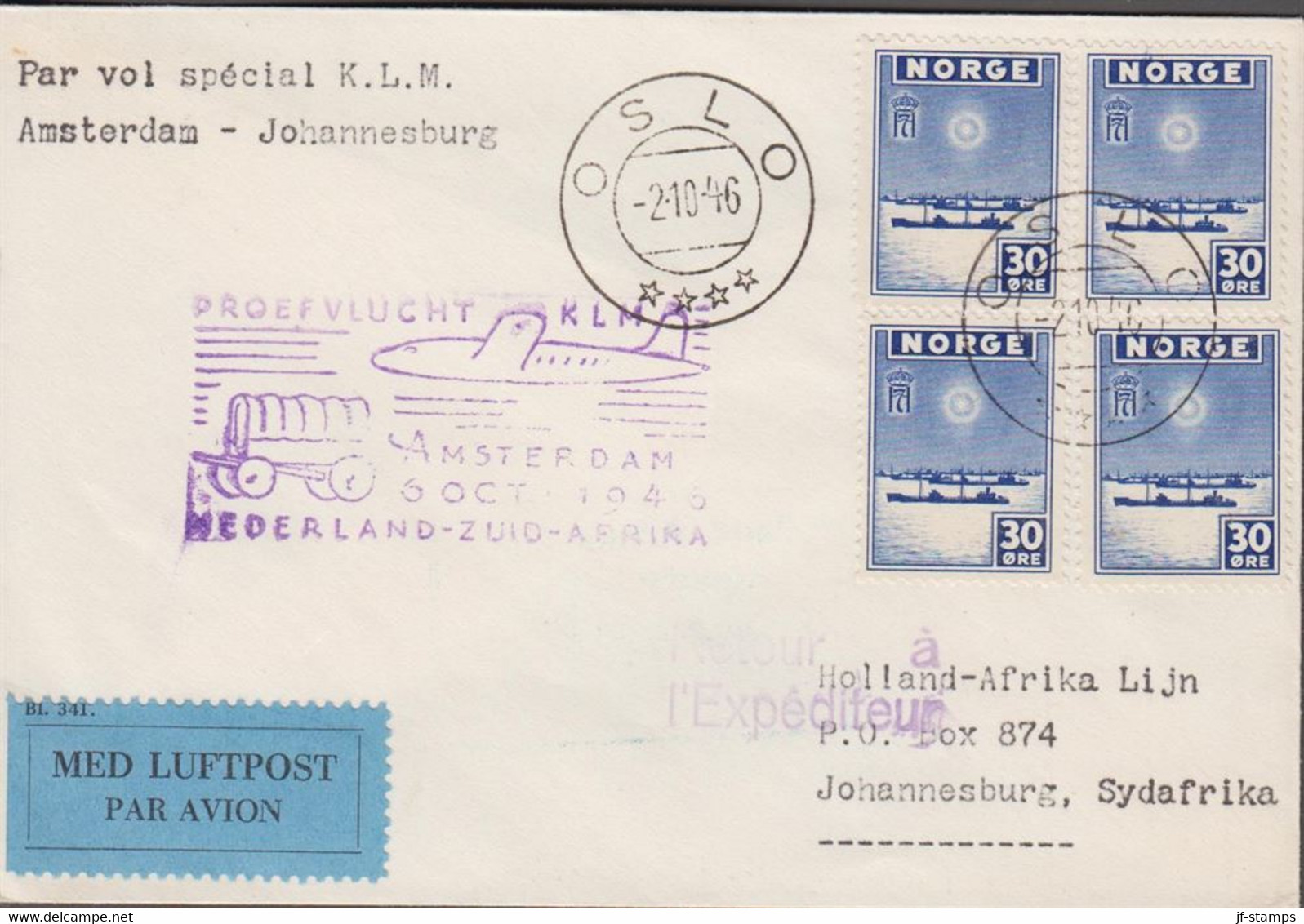 1946. NORGE. 4 Ex 30 ØRE London-issue On Cover Par Vol Special KLM Amsterdam - Johannesburg C... (Michel 281) - JF523498 - Brieven En Documenten