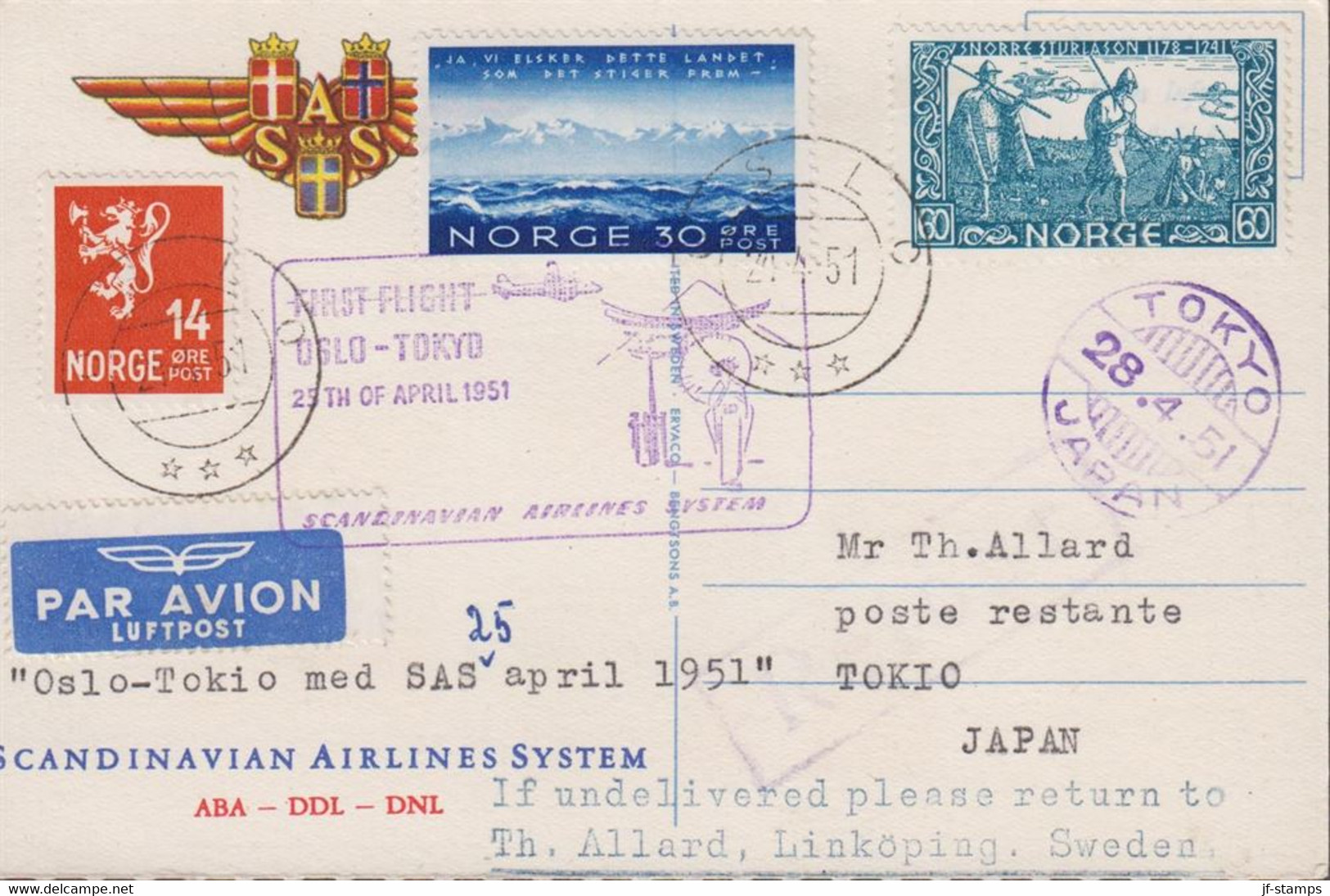 1951. NORGE. 40 ØRE SNORRE STURLASON + 30 + 14 ØRE On Official SAS Postcard (motive Skandina... (Michel 264+) - JF523499 - Storia Postale