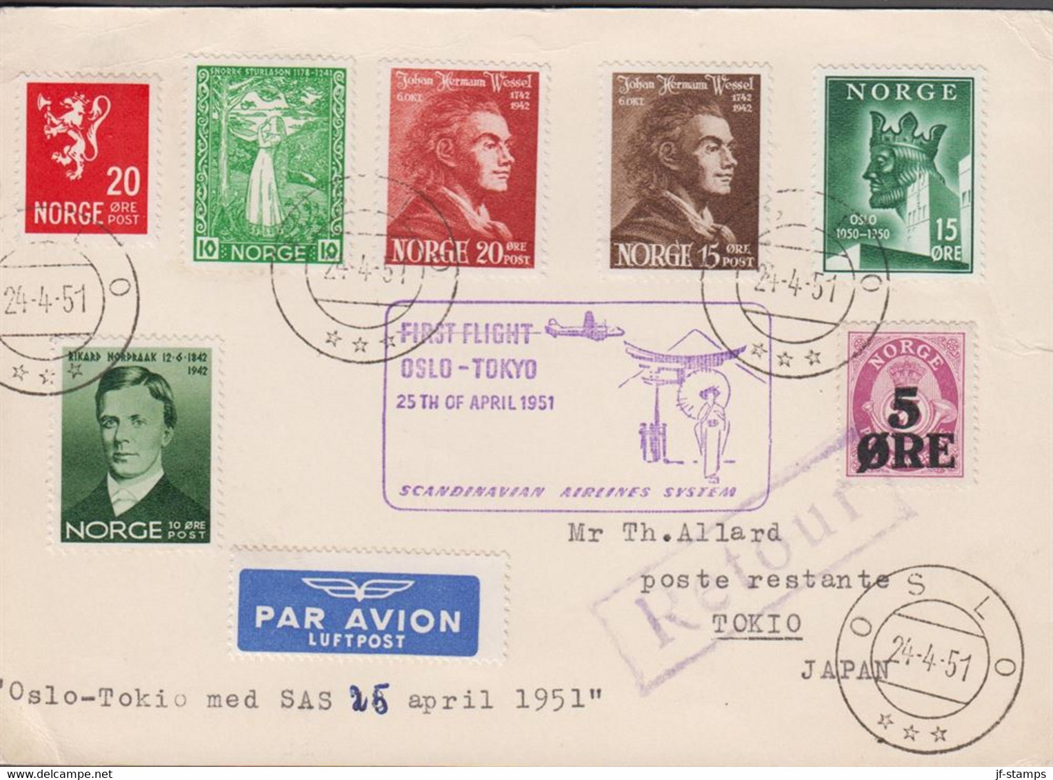 1951. NORGE. 10 ØRE SNORRE STURLASON + 6 Other Stamps ØRE On Card Cancelled FIRST FLIGHT OSL... (Michel 259+) - JF523500 - Storia Postale