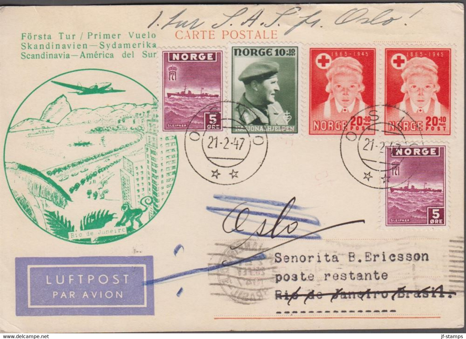 1947. NORGE. 2 Ex 5 ØRE SLEIPNER + 10+10 + Pair 20+10 ØRE RED CROSS On Postcard Första Tur /... (Michel 276+) - JF523502 - Brieven En Documenten