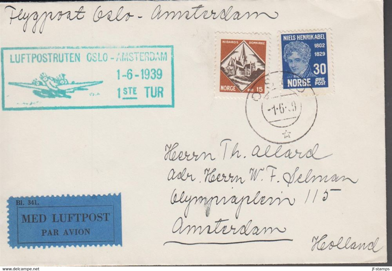 1939. NORGE. 15 ØRE NIDAROS DOMKIRKE + 30 ØRE ABEL On Small Cover Cancelled LUFTPOSTRUTEN OS... (Michel 153+) - JF523503 - Storia Postale
