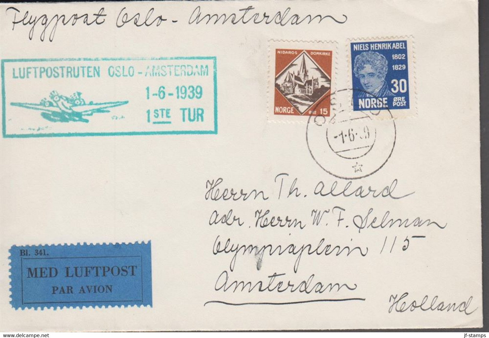 1939. NORGE. 15 ØRE NIDAROS DOMKIRKE + 30 ØRE ABEL On Small Cover Cancelled LUFTPOSTRUTEN OS... (Michel 153+) - JF523503 - Briefe U. Dokumente