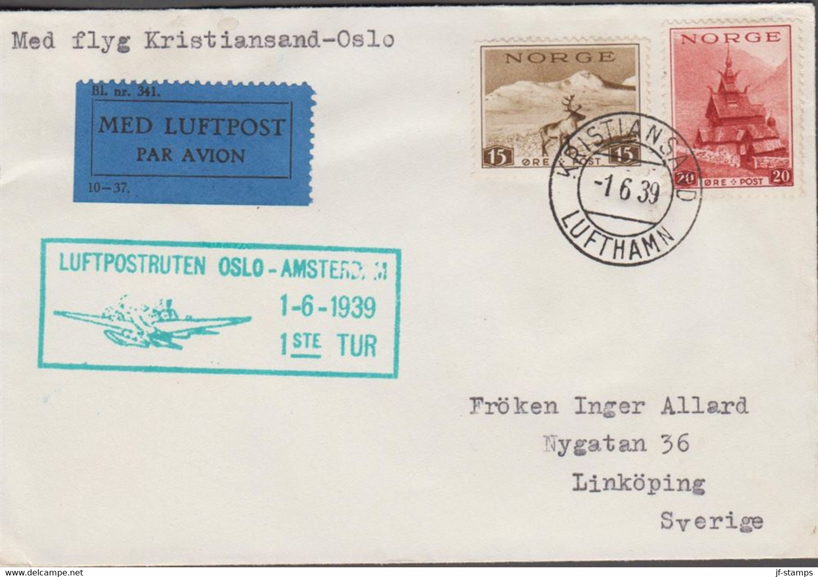 1939. NORGE. 15 ØRE + 20 ØRE TURISME On Small Cover Cancelled LUFTPOSTRUTEN OSLO - AMSTERDAM... (Michel 200+) - JF523504 - Cartas & Documentos