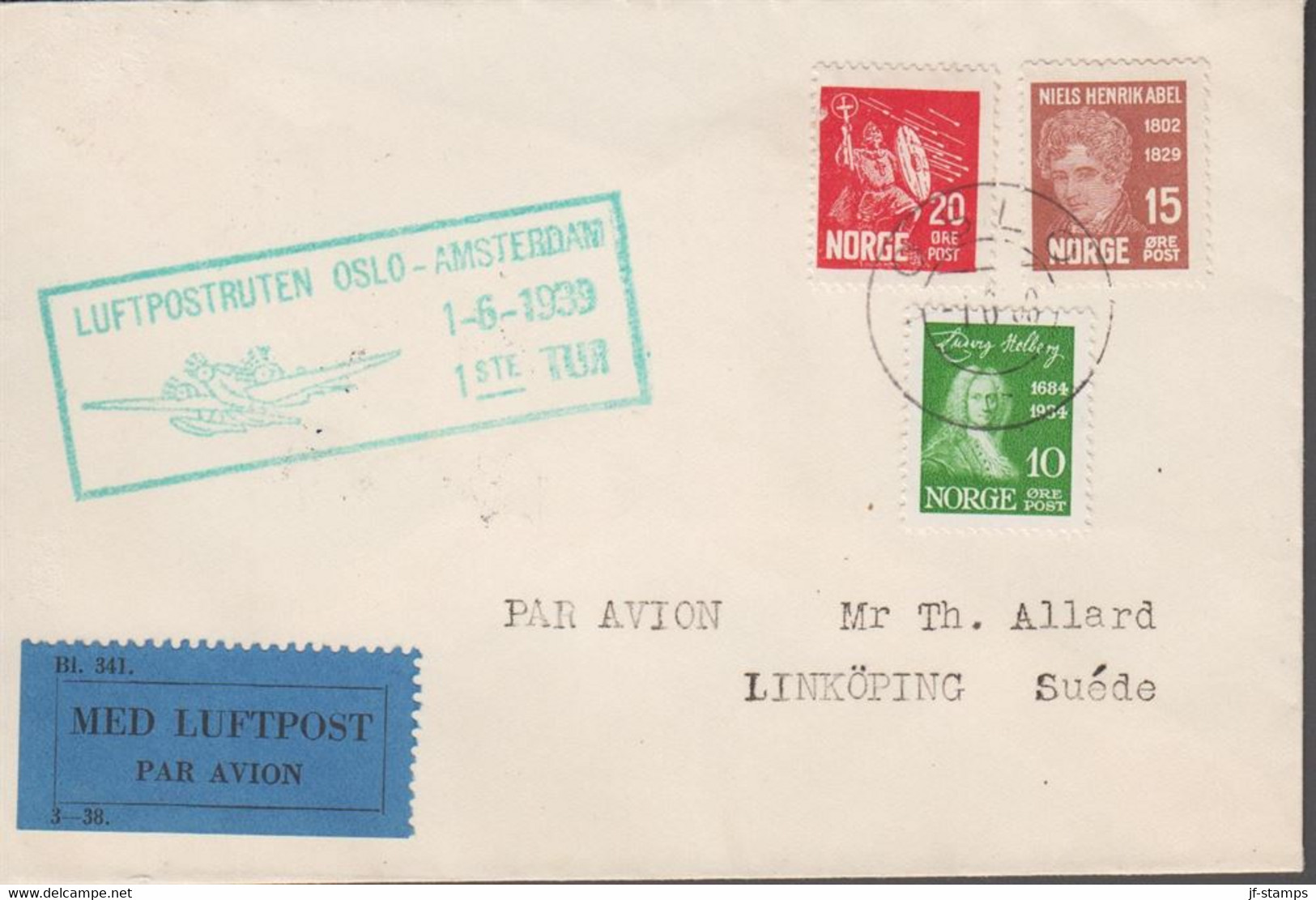 1939. NORGE. 20 ØRE OLAF + 15 ØRE ABEL + 10 ØRE HOLBERG On Small Cover Cancelled LUFTPOSTRUT... (Michel 151+) - JF523505 - Cartas & Documentos