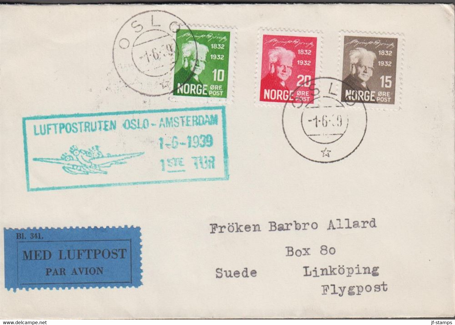 1939. NORGE. 20 + 15 + 10 ØRE HOLBERG On Small Cover Cancelled LUFTPOSTRUTEN OSLO - AMSTE... (Michel 163-165) - JF523506 - Lettres & Documents