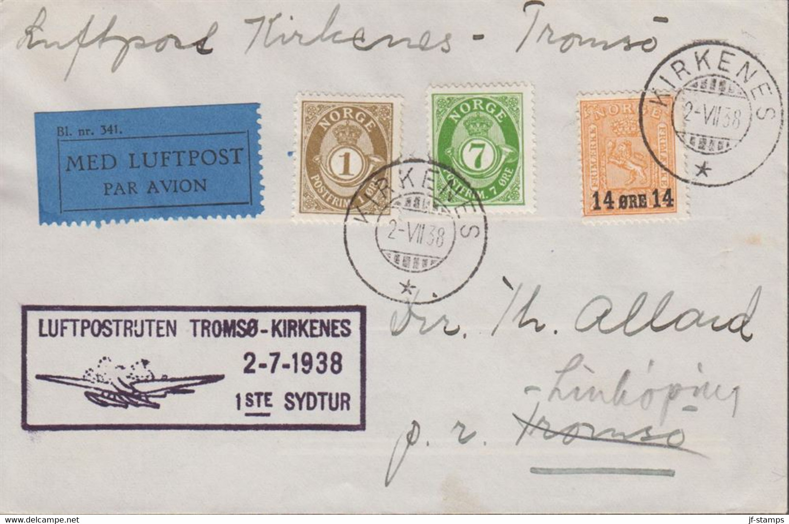 1938. NORGE. 1 + 7 ØRE POSTHORN + 14 ØRE 14 On 2 SKILL On Small Cover Cancelled LUFTPOSTRUTE... (Michel 154+) - JF523507 - Lettres & Documents