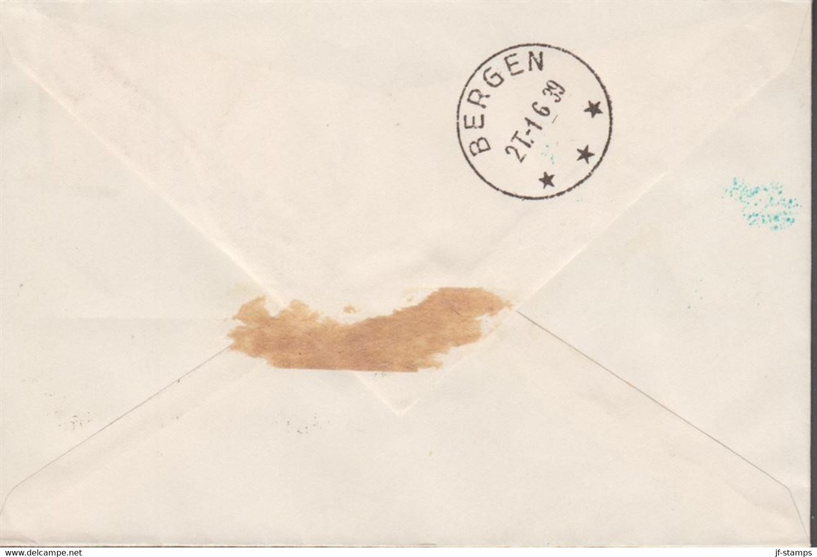 1939. NORGE. 20 ØRE OLAF + 15 ØRE HOLBERG On Small Cover Cancelled LUFTPOSTRUTEN OSLO-BERGEN... (Michel 169+) - JF523509 - Storia Postale