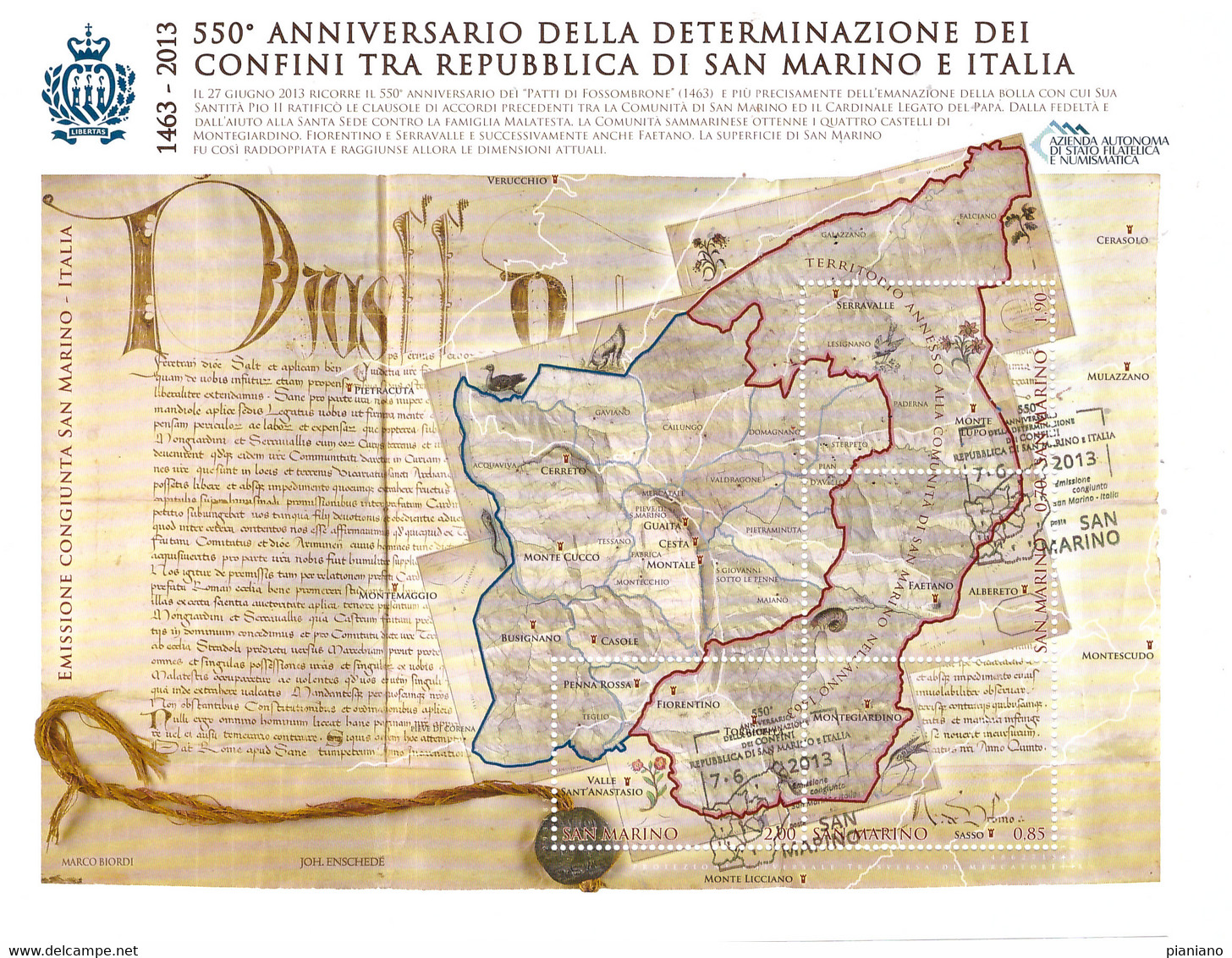 PIA  -  SAN  MARINO  -  2013 :  550° Della Determinazione Dei Confini Con L' Italia - (SAS 125) - Usados