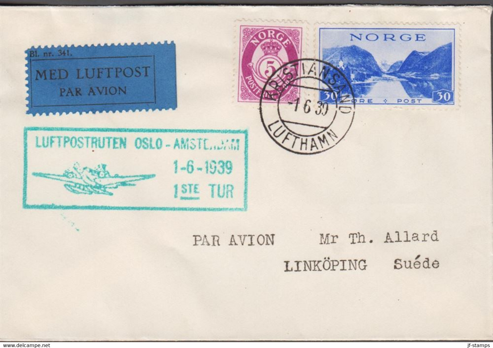 1939. NORGE. 5 ØRE POSTHORN + 30 ØRE TURISME On Small Cover Cancelled LUFTPOSTRUTEN OSLO - A... (Michel 202+) - JF523510 - Briefe U. Dokumente