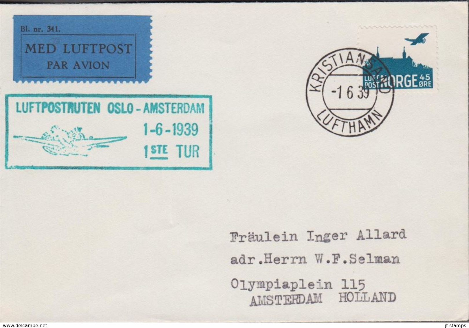 1939. NORGE. 45 ØRE LUFTPOST On Small Cover Cancelled LUFTPOSTRUTEN OSLO - AMSTERDAM 1-6-19... (Michel A 136) - JF523512 - Covers & Documents