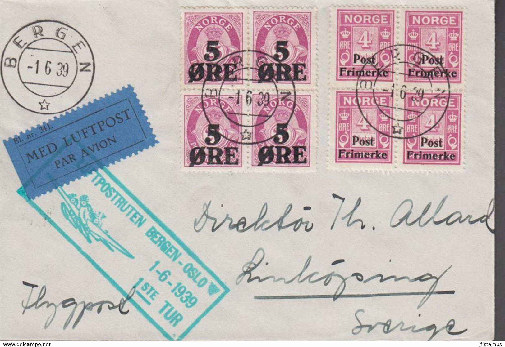1939. NORGE. 4-block 5 On 25 ØRE POSTHORN + 4-block Postfrimerke On 4 ØRE å Betale On Small ... (Michel 142+) - JF523513 - Cartas & Documentos