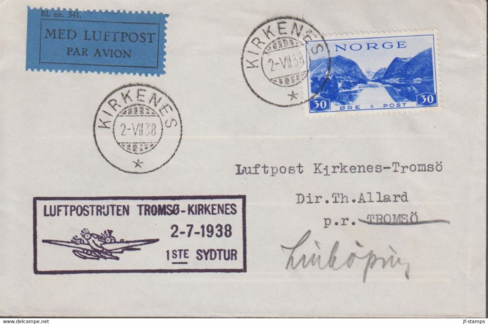 1938. NORGE. 30 ØRE TURISME On Small Cover Cancelled LUFTPOSTRUTEN TROMSØ-KIRKENES 2-7-1938 1... (Michel 197) - JF523514 - Storia Postale