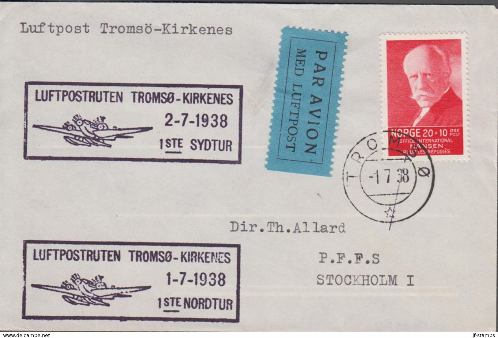 1938. NORGE. 20+10 ØRE NANSEN On Small Cover Cancelled LUFTPOSTRUTEN TROMSØ-KIRKENES 2-7-1938... (Michel 174) - JF523515 - Brieven En Documenten