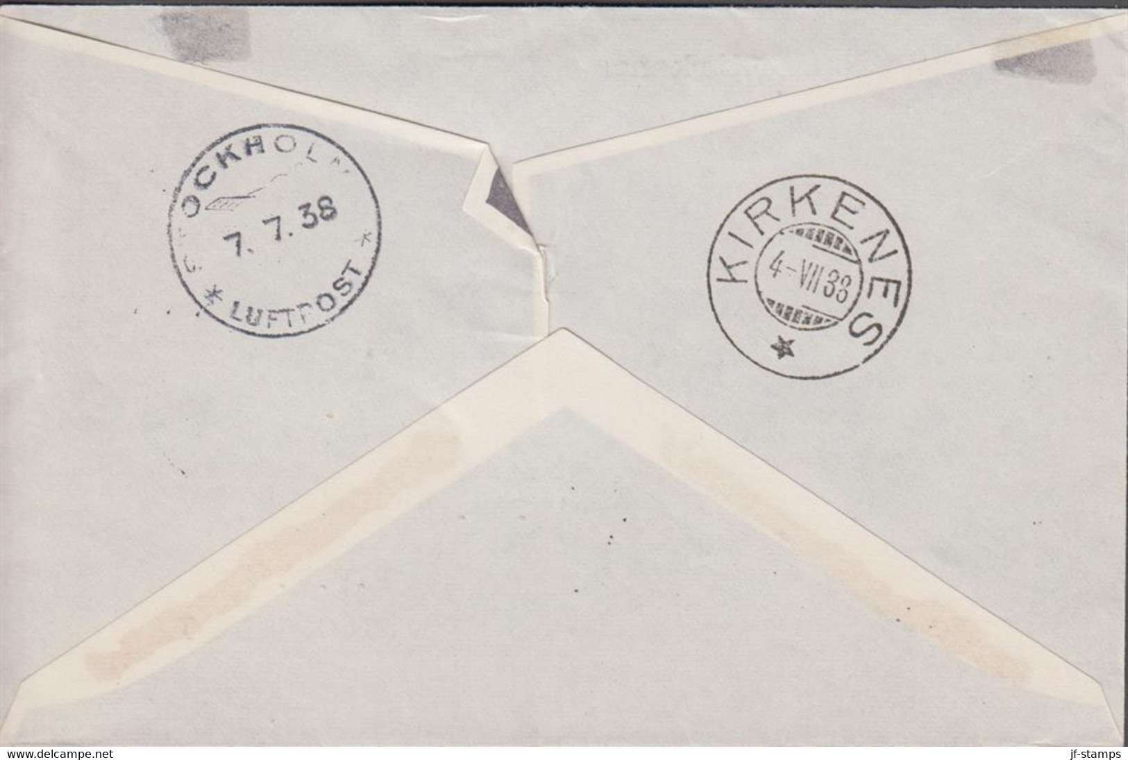 1938. NORGE. 20+10 ØRE NANSEN On Small Cover Cancelled LUFTPOSTRUTEN TROMSØ-KIRKENES 2-7-1938... (Michel 174) - JF523515 - Covers & Documents