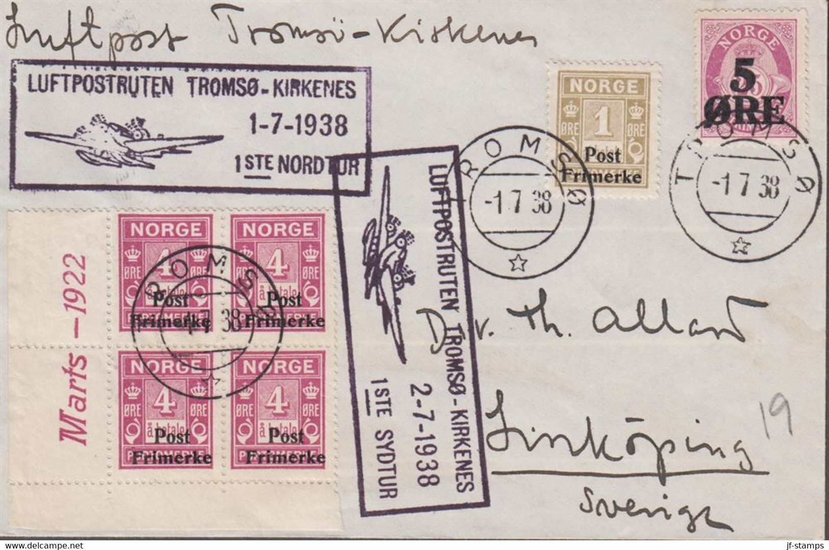 1938. NORGE. 5 ØRE On 25 ØRE POSTHORN + Post Frimerke On 1 ØRE At Betale + 4-block Post Frim... (Michel 142+) - JF523518 - Storia Postale