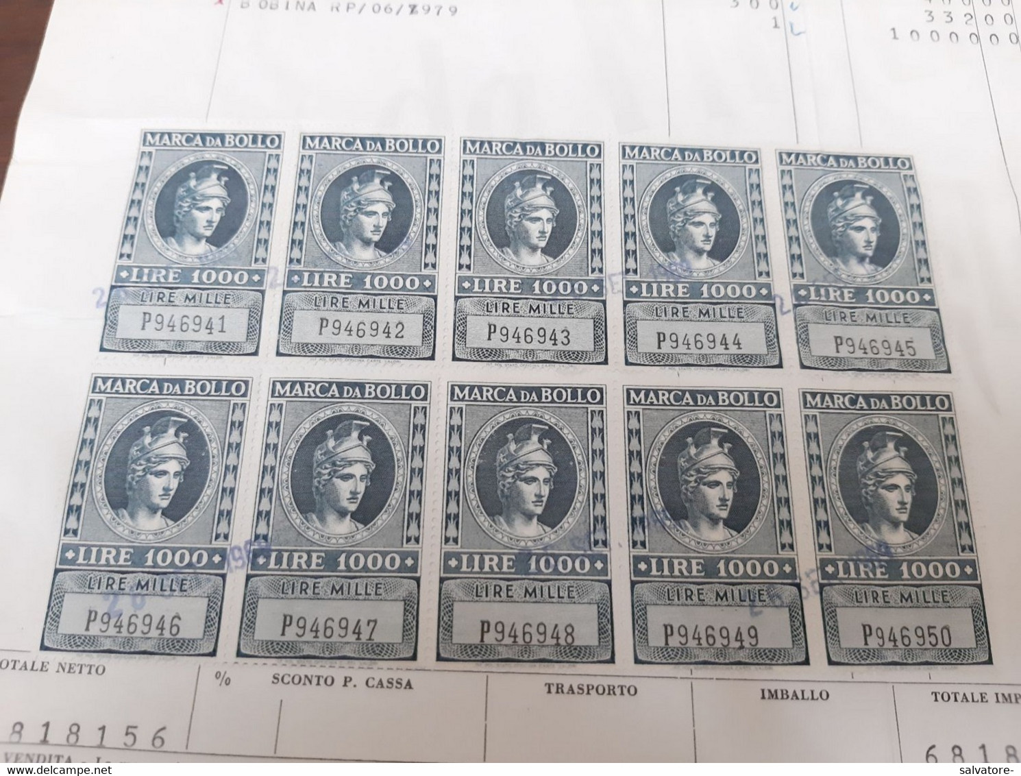 LOTTO 10 MARCHE DA BOLLO LIRE 1000 -  SU DOCUMENTO 1969 - Revenue Stamps