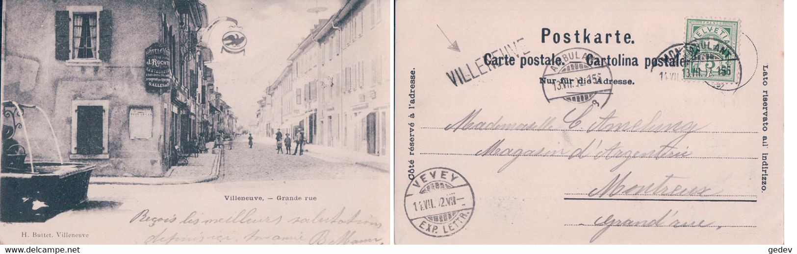 Villeneuve VD, Hôtel De Ville J. Ruchti Et Grande Rue + Cachet Linéaire VILLENEUVE (13.7.1902) - Villeneuve