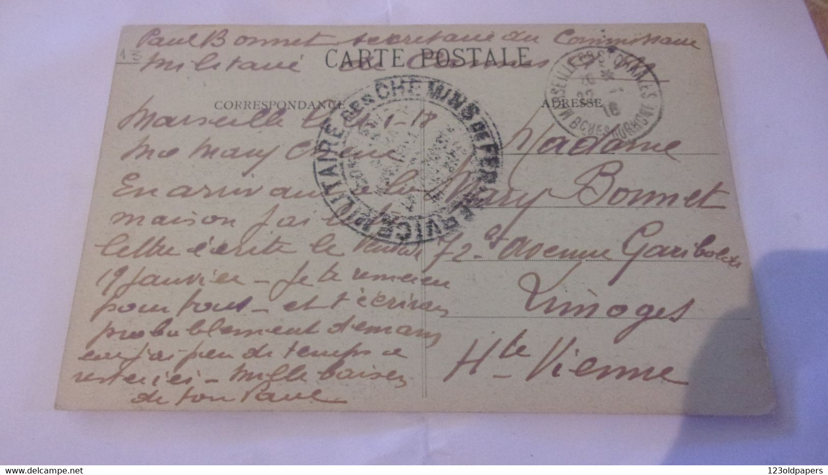 ♥️♥️ WWI CACHET SUR CPA SERVICE MILITAIRE DES CHEMINS DE FER MARSEILLE  1916 - Oorlog 1914-18